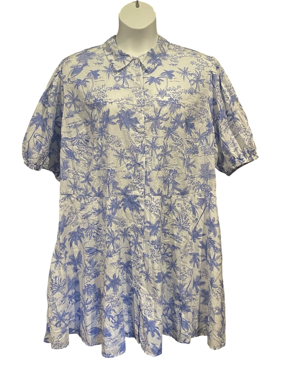 A New Day Tropical Print Button Down Dress Blue White Womens Plus Size 2X NWT